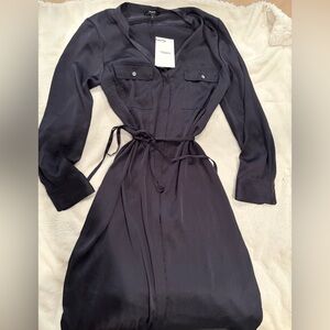Theory V-neck Silky Belted Midi Shirt Dress, Size M, Navy Blue, NWT